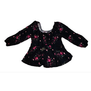 Torrid Black Floral Rayon Slub Waist Blouson Sleeve Blouse 3